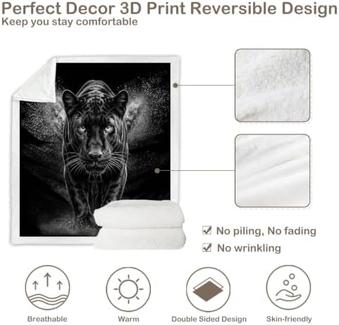 Black Panther Sherpa Blanket Dark Animal Print Throw Blanket for Men Bedroom Gamer Room Decor Soft Fuzzy Warm Cozy 50x60 Inches Luxury Wildlife Design Gift for Birthday Housewarming Anniversary - Image 7
