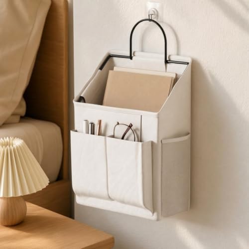Hanging Bedside Storage Organizer Sturdy Bedside Storage Bag with Mesh Pockets Stable Textile Hanging Organizer with Metal Hook for Reading Corners, Gray - Image 2