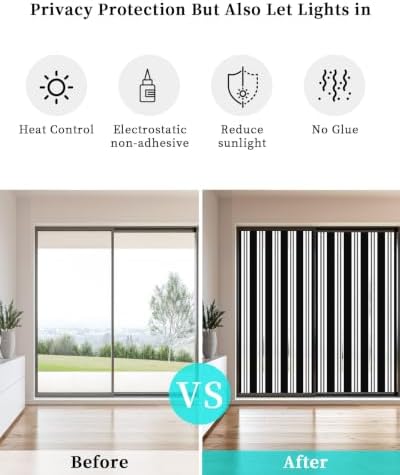 Window Privacy Film Frosted, Black Striped Static Cling Door Window Covering, Minimalist Vertical Stripes UV Blocking Windows Film for Office, Hotel, Bedroom, 29.5 x 78.7 Inches - Image 6