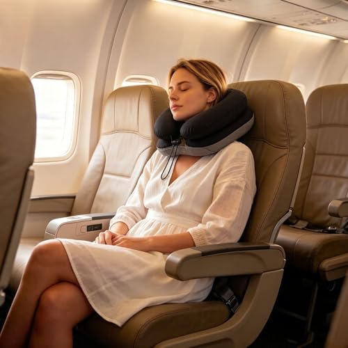 Double-Layer Inflatable Neck Pillow, Press-to-Inflate U-Shaped Pillow, Portable Neck Support for Office Trip Travel, Black - Image 2