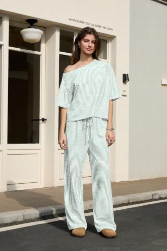 Ythomm Striped Pajama Sets Womens Two Piece Lounge Outfits Short Sleeve Off Shoulder Shirts Drawstring Pants Matching Pj Sets - Image 2