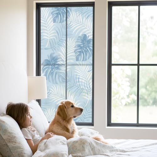 Window Privacy Film Frosted, Sky Blue Palm Trees Tropical Static Cling Door Window Covering, Summer Beach Botanical UV Blocking Windows Film for Office, Hotel, Bedroom, 29.5 x 78.7 Inches - Image 2