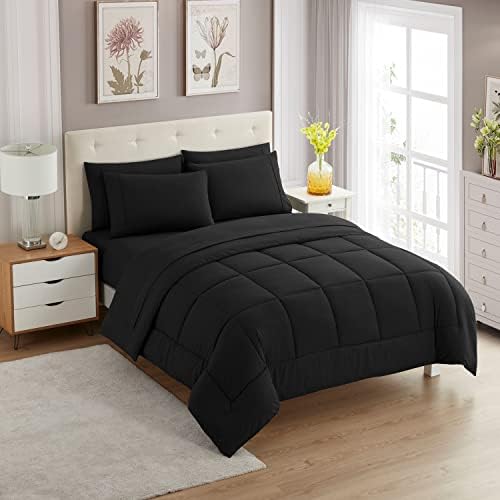 Full Size Comforter Set with Sheets - 7-Piece Bedding Collection - 1 Comforter, 1 Fitted Sheet, 1 Flat, 4 Pillowcases - Deep Pocket - Soft & Breathable Premium Quality - Ideal for All Seasons, Black by SweetHomeCollection