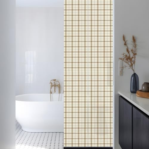 Window Privacy Film Frosted, Beige Brown Plaid Reusable Static Cling Window Tints, Vintage Farmhouse Checkered Rustic Heat Control Windows Films for Offices, Balcony, 29.5 x 118 Inches - Image 3