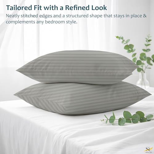 Pillow Cases - Set of 2, Light Grey Stripe King (20" X 40") - Pillow Covers Made of 100% Cotton - 300 Thread Count Super Soft and Breathable Sateen Weave Pillowcases. - Image 5