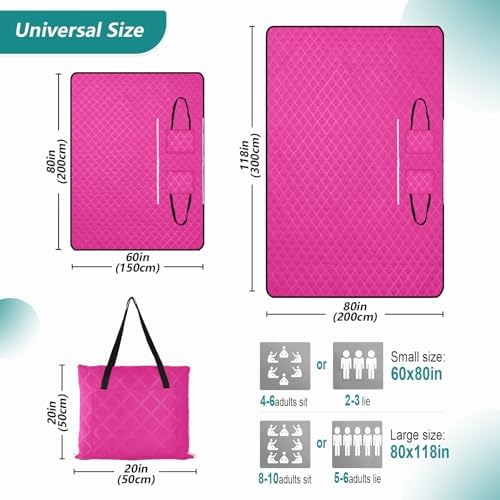 Outdoor Picnic Blanket Water Resistant Party Waterproof Blanket 80"X60" for Outdoorsy People Picnic Items, Neon Pink - Image 3