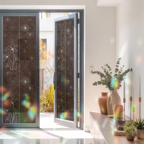 Brown Window Privacy Film Rainbow Static Cling Stain Glass Window Film for Glass Door, Decorative Heat Control UV Blocking Frosted Sunroof Decal Sticker for Car Bathroom Home 29.5"x118" Spring Flora - Image 3
