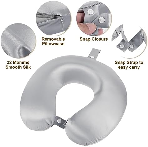 PATIKIL Silk Travel Pillow for Airplane, 22 Momme Real Silk Cover 100% Memory Foam Filled Travel Neck Pillow Sleeping Anti Wrinkle Pillow Head Neck Support for Plane Train, Gray - Image 3