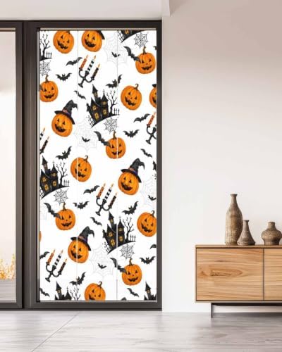 Window Privacy Film Frosted, Orange Pumpkins Halloween Non-Adhesive Static Cling Window Tint, Haunted Houses Bats Horror Insulated Windows Frosted Films for Living Room, 35.4 x 78.7 Inches - Image 5