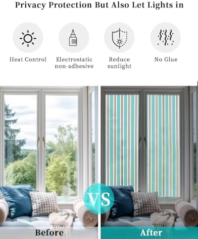 Window Privacy Film Frosted, Teal Brown Striped Reusable Static Cling Window Tints, Modern Farmhouse Vertical Stripes Heat Control Windows Films for Offices, Balcony, 29.5 x 118 Inches - Image 6
