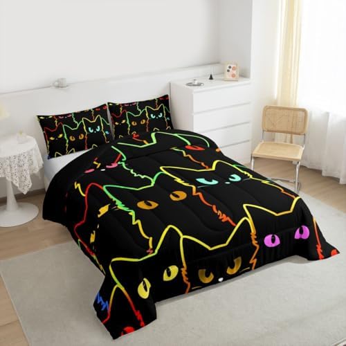 Erosebridal Cat Bedding Sets for Girls & Boys, Gradient Line Cute Cat Comforter Set for Teens & Kids, Animal Quilt Duvet Insert, 2 Pillow Cases, Black - Image 4