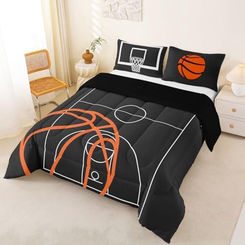 Castle Fairy Basketball Court Print Bedding Set for Boys Girls,Ball Sports Games Themed All Season Cozy Comforter Set Full Size,Orange Basketball and Hoop Duvet Set Home Decor,Children Birthday Gift - Image 6