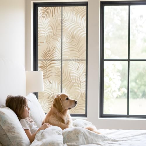 Window Privacy Film Frosted, Brown Botanical Static Cling Door Window Covering, Summer Palm Leaves Foliage Tropical UV Blocking Windows Film for Office, Hotel, Bedroom, 29.5 x 78.7 Inches - Image 2