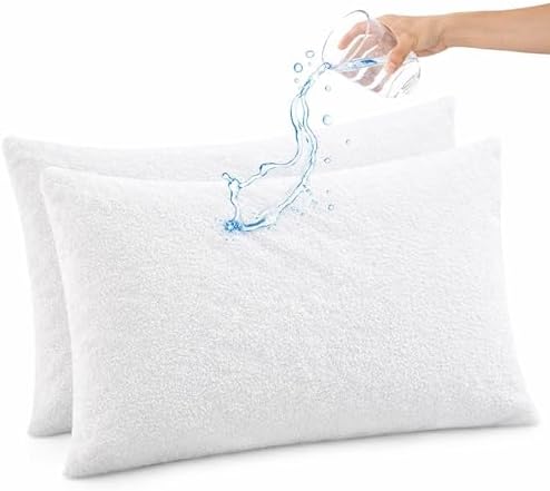 Waterproof Zippered Pillow Protector Covers - Set of 2, White Solid (20" X 16"), Breathable Soft Cotton Terry by SHREEMLINEN