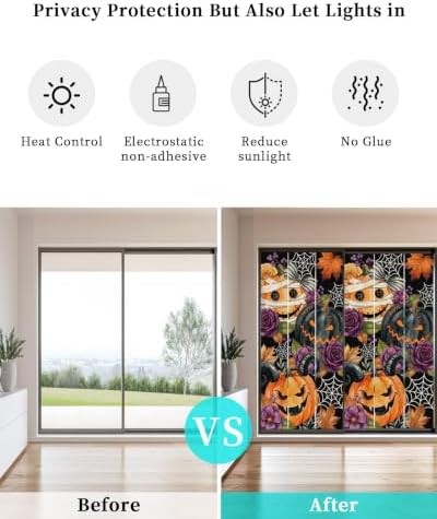 Window Privacy Film Frosted, Pumpkins Halloween Non-Adhesive Static Cling Window Tint, Black Horror Purple Floral Insulated Windows Frosted Films for Living Room, 35.4 x 78.7 Inches - Image 6
