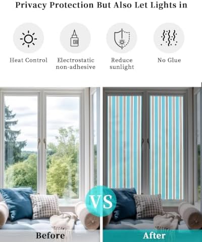 Window Privacy Film Frosted, Blue Brown Striped Reusable Static Cling Window Tints, Modern Farmhouse Vertical Stripes Heat Control Windows Films for Offices, Balcony, 29.5 x 118 Inches - Image 6