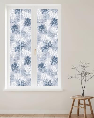 Window Privacy Film Frosted, Navy Blue Palm Trees Tropical Reusable Static Cling Window Tints, Summer Beach Botanical Heat Control Windows Films for Offices, Balcony, 29.5 x 118 Inches - Image 2