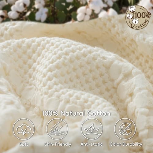 PHF Lightweight 100% Cotton Waffle Throw Blanket for Couch, Ivory - Image 3