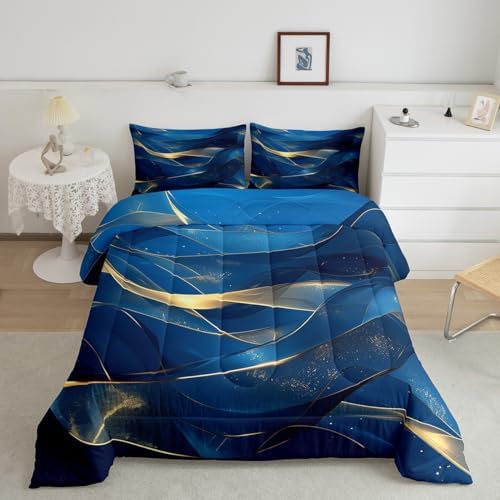 Erosebridal Navy Blue and Gold Comforter Set Full Size,Abstract Marble Aesthetic Bedding Set for Kids Adults Room Decor,Watercolor Abstract Art Quilt Bed Set Modern Style Down Comforter 3Pcs - Image 2
