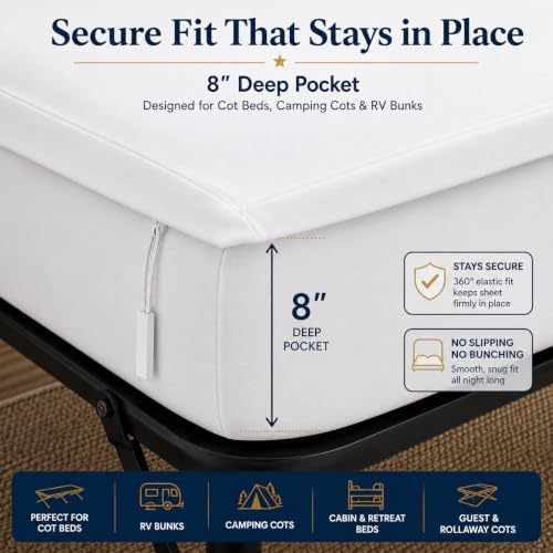 Zipper Cot Fitted Sheet Bundle, 32 x 75 Camping Cot Mattress Sheets, 400 Thread Count 100% Cotton, Includes 1 Wraparound Base, 2 Removable Zipper Top Sheets & 2 Pillowcases, 8 Inch Deep Pocket, White - Image 5
