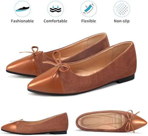 KUNWFNIX Women's Ballet Flats Foldable Classic Crown Rhinestone Slip On Bowknot PU Leather Faux Suede Pointed Toe Comfort Flat Casual Dress Shoes - Image 4