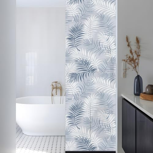 Window Privacy Film Frosted, Navy Blue Botanical Reusable Static Cling Window Tints, Summer Palm Leaves Foliage Tropical Heat Control Windows Films for Offices, Balcony, 29.5 x 118 Inches - Image 3