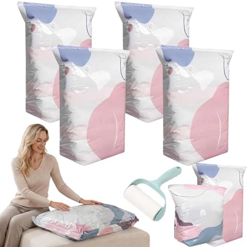 No-Pump Vacuum Storage Bags, Reusable Heavy-Duty Jumbo Vacuum Storage Bags for Bedding, Press & Seal, Vacuum Storage Vubes for Travel Home Organization (4pcs l) by Unknown