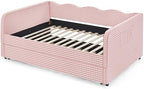 3 in 1 Full Daybed with Pop Up Trundle, Convertible Gingham Upholstered Sofa Bed with Side Storage Pockets, Extendable Guest Bed Frame for Teens Adults Bedroom Living Room, Pink - Image 6