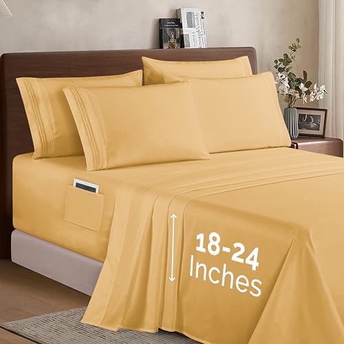 Elegant Comfort 1500 Premium Quality 6-Piece Bed Sheet Set - 18-24 Inch Extra Deep Pocket, Smart Storage Pockets, Wrinkle Free Ultra Soft 6PC Extra Deep Pocket Sheets, Full, Gold - Image 2