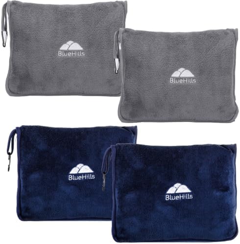 BlueHills 2 Pack Travel Blanket Pillows Set of Two Airplane Traveling Essentials Flight Throws in Bag Compact Large Plane Accessories – Gray and Navy Blue by BlueHills