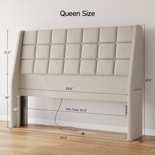 Ergonomic Upholstered Queen Headboard wtih Charging Station Beige - Image 2