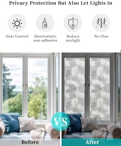 Window Privacy Film Frosted, Grey Botanical Reusable Static Cling Window Tints, Summer Palm Leaves Foliage Tropical Heat Control Windows Films for Offices, Balcony, 29.5 x 118 Inches - Image 6