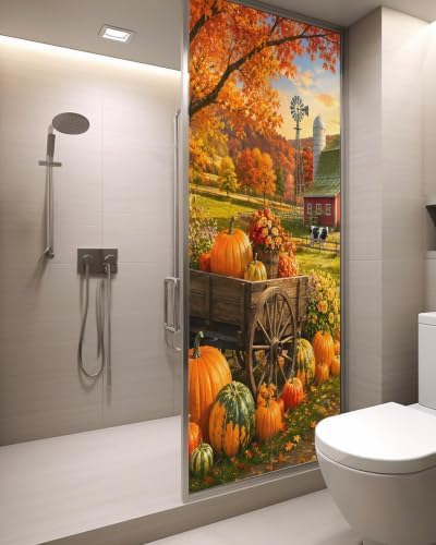 Window Privacy Film Frosted, Fall Pumpkins Static Cling Door Window Covering, Thanksgiving Farmhouse Harvest Maple Leaves UV Blocking Windows Film for Office, Hotel, Bedroom, 29.5 x 78.7 Inches - Image 3