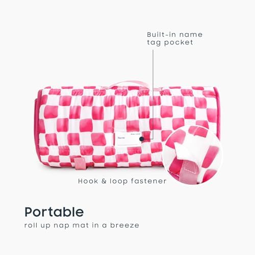 Wake In Cloud - Toddler Nap Mat with Pillow and Minky Fleece Blanket, for Kids Boys Girls Ages 3 Plus in Daycare Preschool, Roll Up Sleeping Bag, Gingham Grid Checkered, Hot Pink White, Standard - Image 3