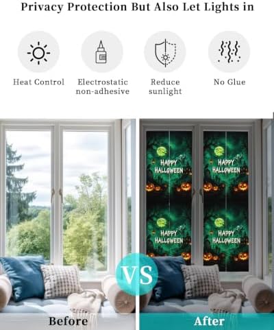 Window Privacy Film Frosted, Halloween Reusable Static Cling Window Tints, Green Spooky Pumpkin Ghost Moonlight Castle Heat Control Windows Films for Offices, Balcony, 29.5 x 118 Inches - Image 6