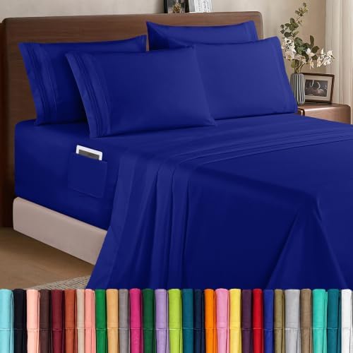 Elegant Comfort 1500 Premium Quality 6-Piece Bed Sheet Set - 18-24 Inch Extra Deep Pocket, Smart Storage Pockets, Wrinkle Free Ultra Soft 6PC Extra Deep Pocket Sheets, King, Royal Blue by ELEGANTCOMFORT