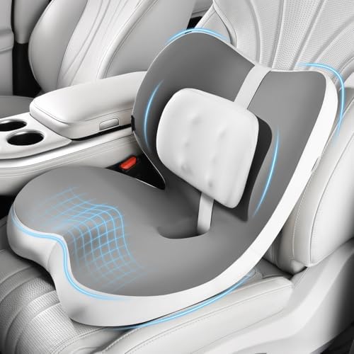 FLORICH 2 in1 Truck Seat Cushion and Lumbar Support Pillow Memory Foam Car Seat Cushion with Adjustable Strap for Truck Driver Long Drives, Fits Semi Truck Seat,Car,Office&Gaming Chair(Light Grey) by FLORICH
