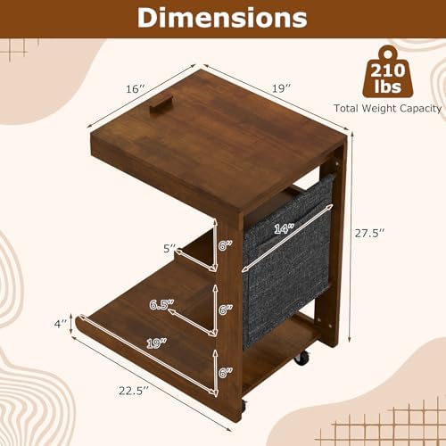 GIANTEX C-Shaped End Table with Wheels, Wooden Rolling Side Table w/Adjustable Desktop, Edge Stopper, Side Pocket & 3 Storage Shelves, Sofa Couch Bedside TV Tray for Living Room Bedroom (Brown,1) - Image 3