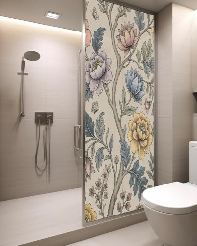 Window Privacy Film Frosted, Vintage Garden Flower Static Cling Door Window Covering, Rustic Floral Leaf Pastoral Beige UV Blocking Windows Film for Office, Hotel, Bedroom, 29.5 x 78.7 Inches - Image 3