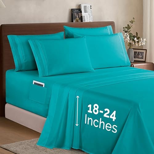 Elegant Comfort 1500 Premium Quality 6-Piece Bed Sheet Set - 18-24 Inch Extra Deep Pocket, Smart Storage Pockets, Wrinkle Free Ultra Soft 6PC Extra Deep Pocket Sheets, Queen, Turquoise - Image 2