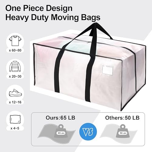 VELVETSURE 6 Pack Heavy Duty Large Moving Bags W/Backpack Straps - Strong Handles & Zippers, Storage Totes For Space Saving, Fold Flat, Alternative to Moving Box and Storage Bin, Semi-Transparent - Image 5