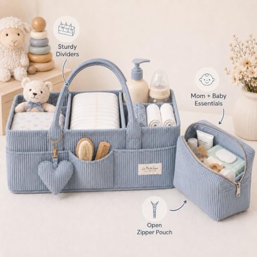 Baby Diaper Caddy Organizer with Matching Zipper Pouch, Soft Corduroy Diaper Storage Basket, Nursery Organizer with Removable Divider, Newborn Essentials, Baby Registry Must Have, Gift for Baby Shower - Image 2