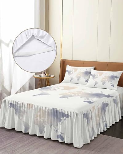 Ruffle Bed Skirt Queen, Soft Watercolor World Map Soft Microfiber Fitted Bedding Sheet Bedskirt 18 Inch Drop, Minimalist Travel Art Print Elastic Wrap Around Bed Skirt Pillowcases Set - Image 4