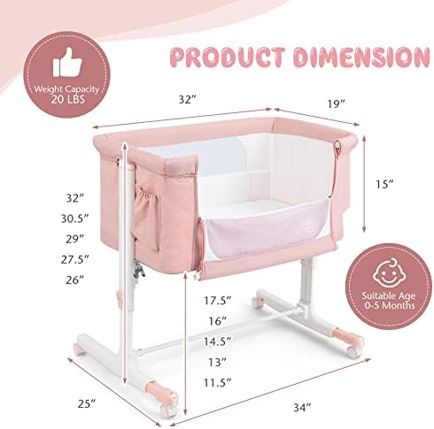 BABY JOY Bassinet Bedside Sleeper, 3 in 1 Folding Crib w/Adjustable Height, Mattress, Lockable Wheels, Storage Pocket & Carry Bag for Infant Newborn, Stationary & Rock, Portable Baby Bassinet (Pink) - Image 6