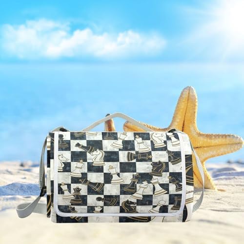 MNSRUU Picnic Blanket Waterproof Foldable, Chess Black White Grid Large Outdoor Picnic Beach Camping Blanket Travel Mat, Shoulder Strap Tote, Rectangle 57x59in - Image 6