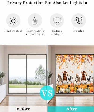 Window Privacy Film Frosted, Thanksgiving Static Cling Door Window Covering, Gnomes Pumpkin Sunflower Maple Leaves Linen UV Blocking Windows Film for Office, Hotel, Bedroom, 29.5 x 78.7 Inches - Image 6