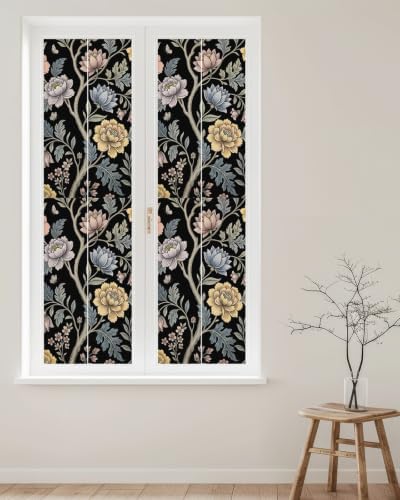 Window Privacy Film Frosted, Vintage Garden Flower Reusable Static Cling Window Tints, Rustic Floral Leaf Pastoral Black Heat Control Windows Films for Offices, Balcony, 29.5 x 118 Inches - Image 2