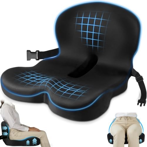 MYFAMIREA Truck Seat Cushion, Memory Foam Trucker Seat Cushion for Truck Driver Long Sitting with Adjustable Strap, Back Support and Pain Relief for Trucker Driving Office Chair and Pain, Black by MYFAMIREA