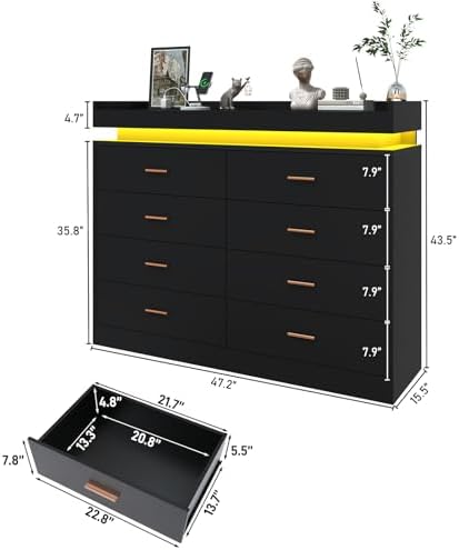 jiteentarou 8 Drawer Dresser with Charging Station and LED Lights, Modern Chest of Drawers with Power Outlet, Organizer Cabinet for Bedroom, Living Room, Black - Image 2