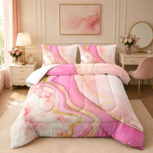 Nttopship Pink Marble Comforter Set 3 Pieces Twin Size Quicksand Gold Powder Marble Bedding Set Soft Microfiber Minimalist Wind Room Decor Comforter Sets with 2 Pillowcases by Nttopship